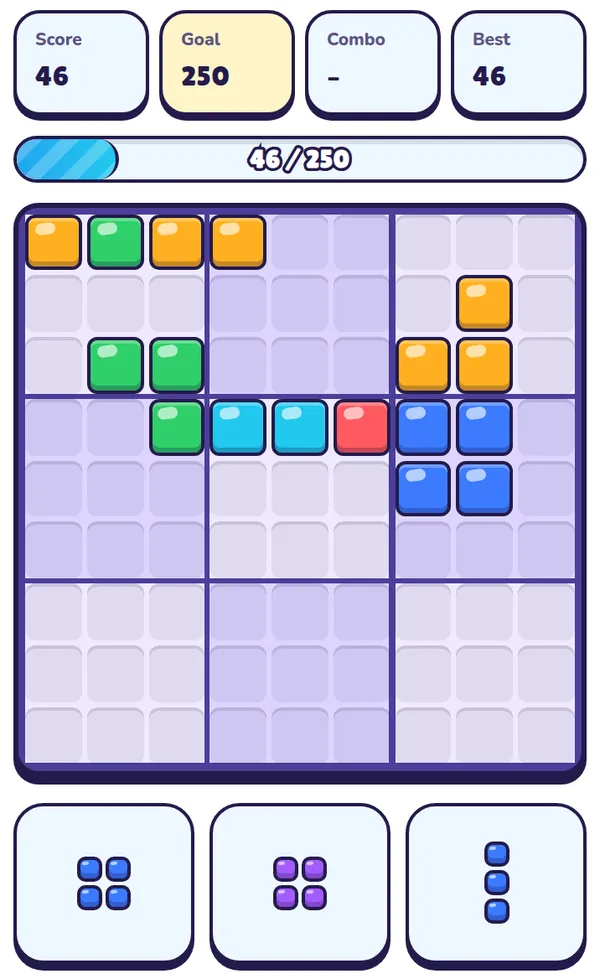 A Blockburst board early in a level-one game, with blocks along the top rows, the bottom three 3×3 boxes still empty, and two squares and a straight three in the tray.