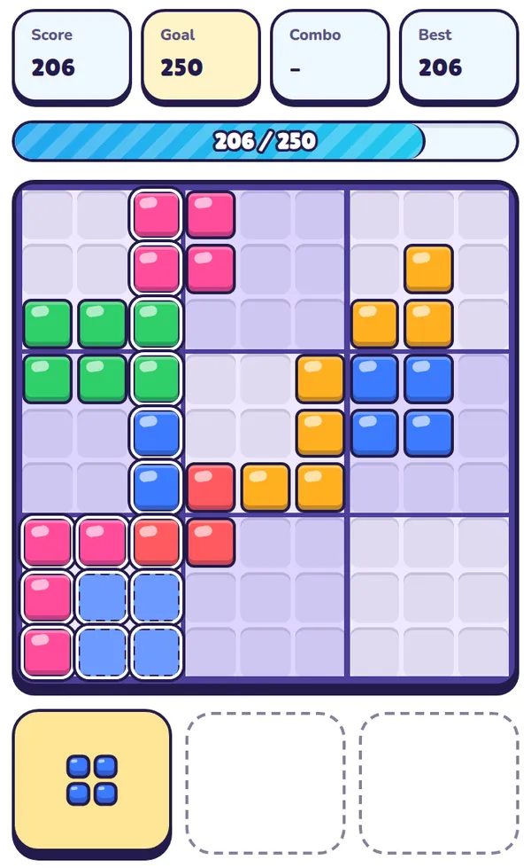 A Blockburst board with a blue square shape hovering in the bottom-left corner. The third column and the bottom-left 3×3 box are outlined, showing that both will burst.