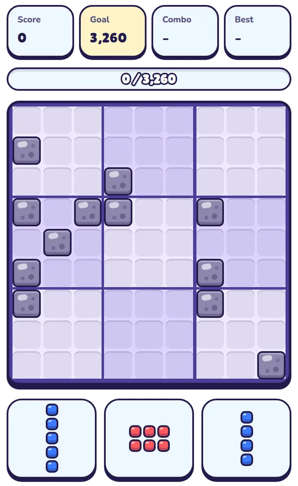 An Expert level 15 Blockburst board with twelve grey stones scattered across it, a goal of 3,260 points, and two long bars and a two-by-three block in the tray.