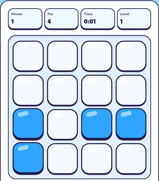 The same Easy board after one tap on row 2, column 3. The top two rows are dark, and lights remain in row 3 columns 1, 3 and 4 and row 4 column 1.