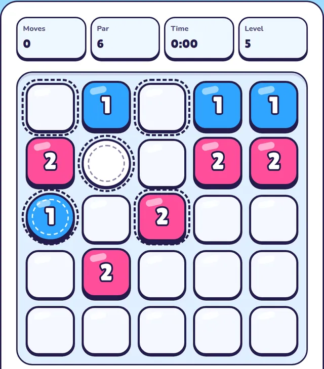 A Medium Fluxgrid board with numbered charges. The pointer is over a round cross node, and dashed outlines show it will pulse itself and its four diagonal neighbours.