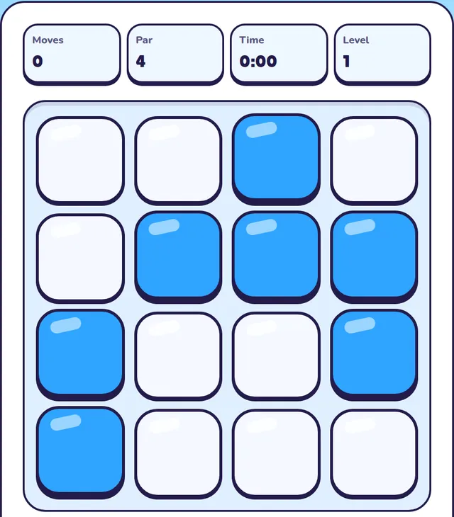 An Easy 4 by 4 Fluxgrid board with seven lit cells: one in the top row, three in the second row, two in the third and one in the bottom row. Par is 4.