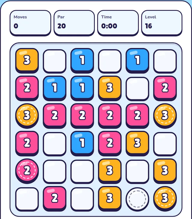 An Expert 6 by 6 Fluxgrid board with charges from 1 to 3 in blue, pink and orange, five round cross nodes, and par 20.