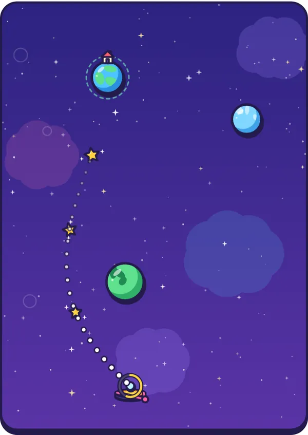 An early Orbit sky. The slingshot is pulled back and the dotted aiming line curves up from the launch pad past three stardust stars, between a green planet and a small blue one, towards the home planet.