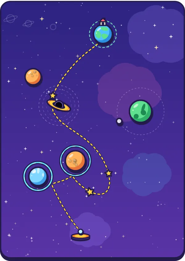 An expert Orbit sky. The gold hint path bounces off two ringed planets, swings past a black hole and reaches home, with three stardust stars along the way.