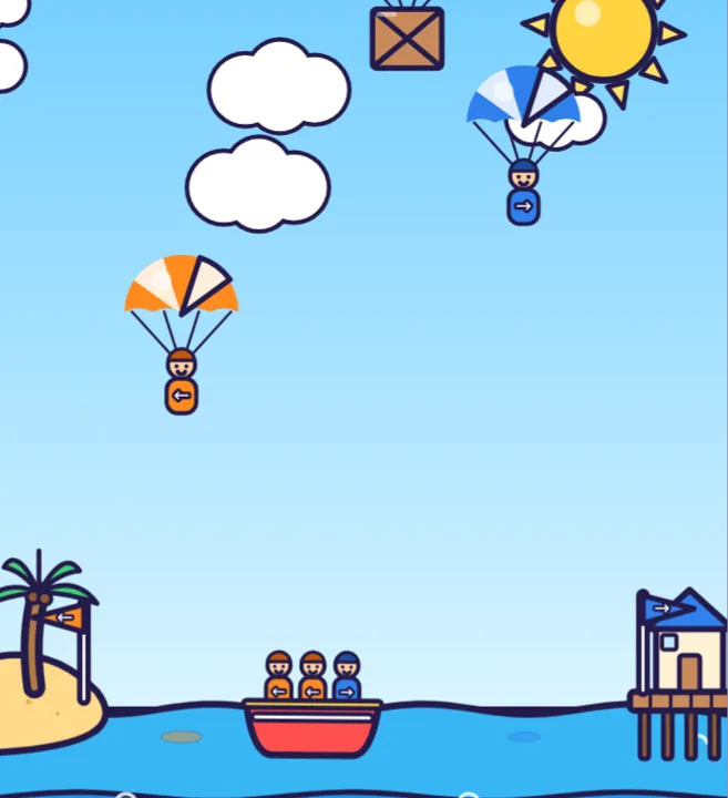 The rescue boat carrying two orange passengers and one blue passenger, with parachutists and a crate falling over the bay.