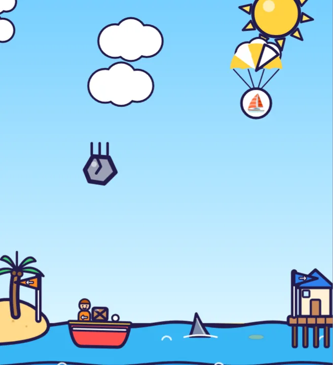 A rock falling towards the boat, a shark fin in the water, and a gold parachute carrying a bonus.