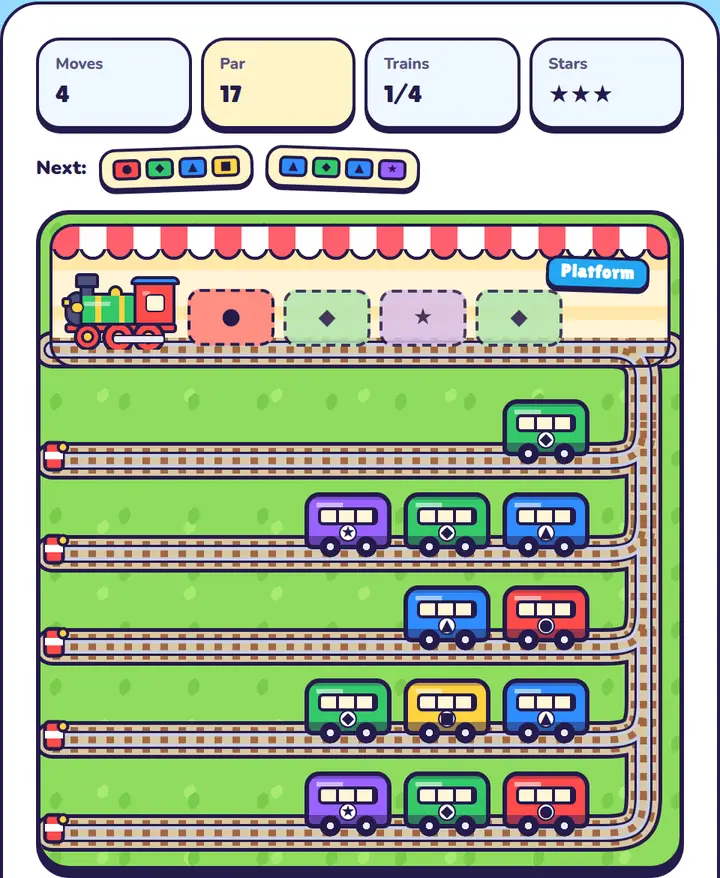 An expert yard with five sidings after four moves. The second engine wants red, green, purple and green. The bottom siding reads red, green, purple from the front.