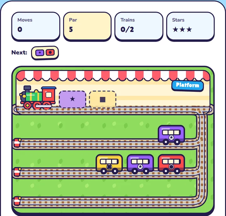 A Train Yard level with three sidings. The engine wants a purple carriage then a yellow one. Siding 1 holds a purple carriage, siding 2 holds yellow, purple and red with red at the front, and siding 3 is empty.