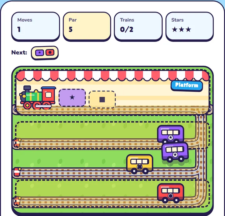 The same yard after one move: the red carriage has been parked on siding 3, and the purple carriage from siding 2 is lifted, ready to be coupled to the engine.