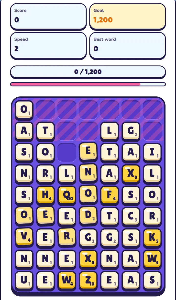 A nearly full Wordfall board on level 9 with the stack meter in red, warning stripes over the top rows, and a hinted path of tilted tiles.