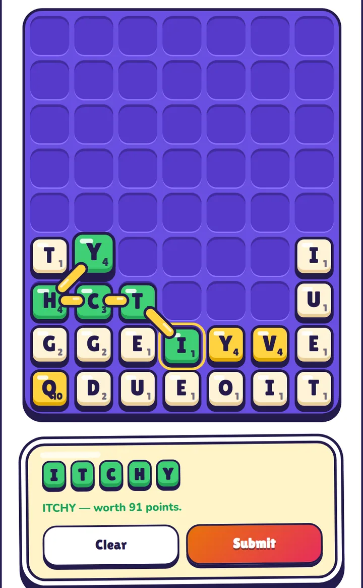 A Wordfall board with five tiles traced through a diagonal and a sideways run, spelling ITCHY, and the word bar reading: ITCHY, worth 91 points.